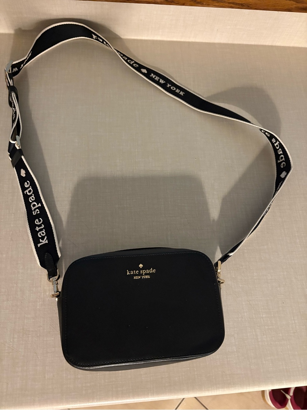 kate spade Black Crossbody Camera Bag with Black & White Logo Strap